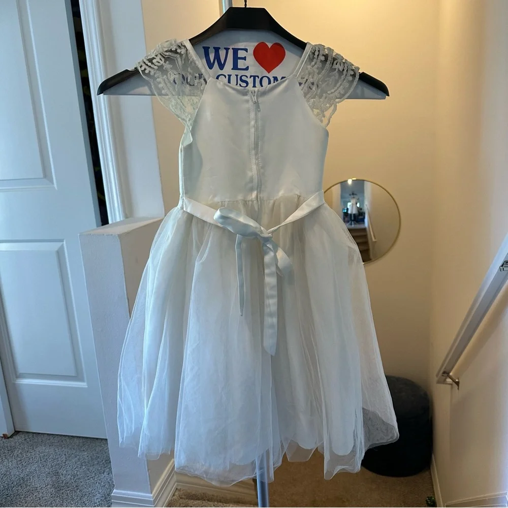 Biscotti Collezioni Flower Girl White Dress with Lace Shoulder Detail